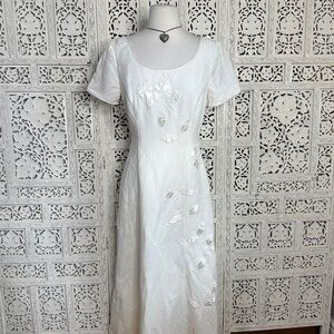 Vintage Cream Floral Embroidered Cottage Core Prairie Short Sleeve Maxi Dress Sz